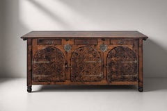 Spanish Renaissance Style Sideboard, Pine and Iron, Arched Doors, 1950s