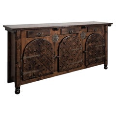 Spanish Renaissance Style Sideboard, Pine and Iron, Arched Doors, 1950s