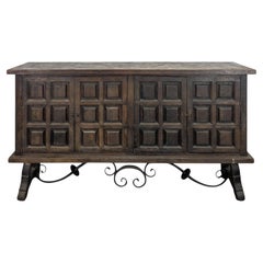 Spanish Baroque Style Four-Door Oak Sideboard, Wrought Iron, 1950s