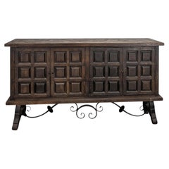 Spanish Baroque Style Four-Door Oak Sideboard, Wrought Iron, 1950s