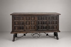 Spanish Baroque Style Four-Door Oak Sideboard, Wrought Iron, 1950s