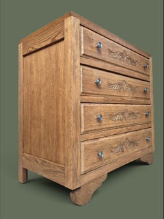 French Art Deco Chest of Drawers, Oak, Carved Foliate Motifs, 1930s