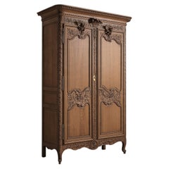 French Provincial Normandy Marriage Armoire, Carved Oak, 1900s