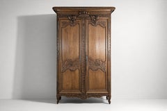French Provincial Normandy Marriage Armoire, Carved Oak, 1900s