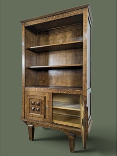 Dutch Arts and Crafts Oak Bookcase, Carved Pyramid Panels, 1920s