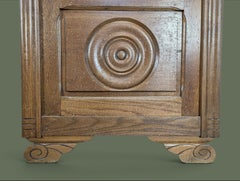 French Art Deco Vitrine Cabinet, Carved Oak and Textured Glass, 1930s