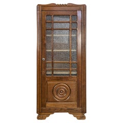 French Art Deco Vitrine Cabinet, Carved Oak and Textured Glass, 1930s