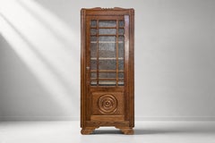 French Art Deco Vitrine Cabinet, Carved Oak and Textured Glass, 1930s