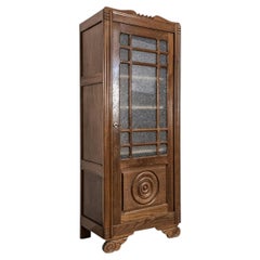 French Art Deco Vitrine Cabinet, Carved Oak and Textured Glass, 1930s