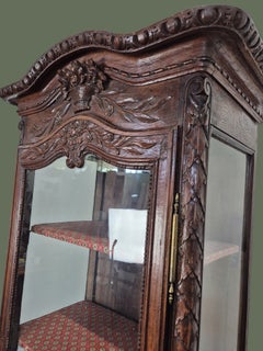 French Provincial Norman Carved Oak Vitrine Bonnetiere, Circa 1880s