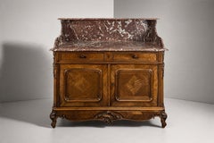 Louis XV Style Walnut Washstand Buffet, Rouge Marble Top, France, 1900s