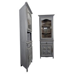 Pair of French Provincial Corner Cabinets, Painted Oak, Glazed Doors, 1950s