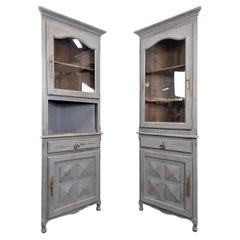 Pair of French Provincial Corner Cabinets, Painted Oak, Glazed Doors, 1950s