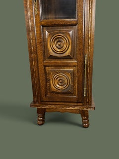 Pair of French Art Deco Narrow Oak Vitrines, Carved Diamond Points, 1930s