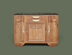 French Art Deco Buffet with Mirror, Walnut and Brass, Carved Florals, 1930s