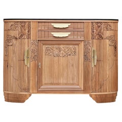 French Art Deco Buffet with Mirror, Walnut and Brass, Carved Florals, 1930s