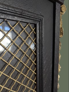 Louis XV Style Ebonized Oak Vitrine Cabinet, Brass Grille, France, 1950s