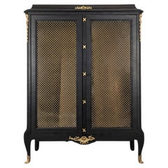 Louis XV Style Ebonized Oak Vitrine Cabinet, Brass Grille, France, 1950s