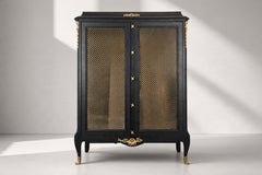 Louis XV Style Ebonized Oak Vitrine Cabinet, Brass Grille, France, 1950s