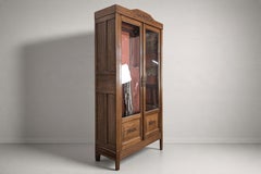 French Art Nouveau Two-Door Oak Vitrine, Carved Panels, 1920s