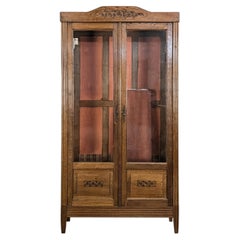 French Art Nouveau Two-Door Oak Vitrine, Carved Panels, 1920s