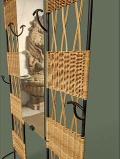 French Modernist Hall Tree Coat Rack, Wrought Iron and Wicker, 1950s