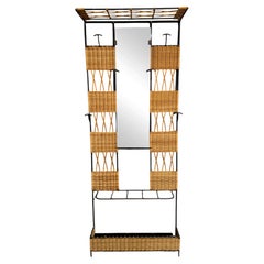 French Modernist Hall Tree Coat Rack, Wrought Iron and Wicker, 1950s