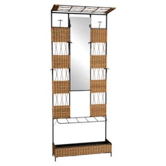 French Modernist Hall Tree Coat Rack, Wrought Iron and Wicker, 1950s