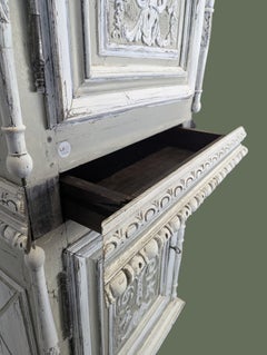 French Renaissance Style Two-Door Cabinet, Carved Oak, Grey Patina, 1900s