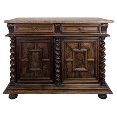 Louis XIII Style Buffet, Walnut and Marble, Barley-Twist Columns, France