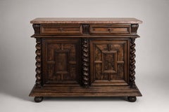 Louis XIII Style Buffet, Walnut and Marble, Barley-Twist Columns, France