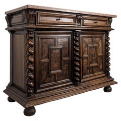 Louis XIII Style Buffet, Walnut and Marble, Barley-Twist Columns, France
