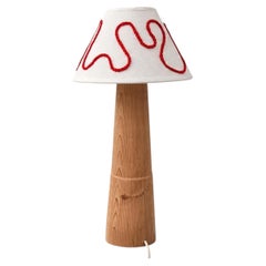 Scandinavian Modern Table Lamp, Turned Pine and Upcycled Linen Shade, 1970s
