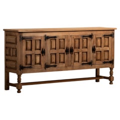 Carved Oak Sideboard on Turned Legs with Iron, Spain, 1950s