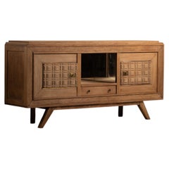Carved Oak Sideboard with Glazed Centre and Brass, France, 1940s