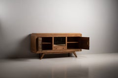 Carved Oak Sideboard with Glazed Centre and Brass, France, 1940s