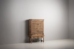 Carved Oak Cabinet on Stand with Iron Stretcher, Spain, 1950s