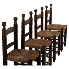 Set of Four Brutalist Chairs in Oak with Rush Seats, France, 1950s