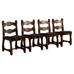 Set of Four Razorblade, Solid Oak Dining Chairs, France, 1950s