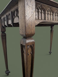 Neo-Gothic Writing Table, Carved Walnut, Arcature Frieze, France, 1900s