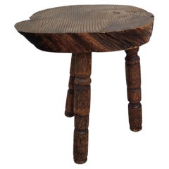 French Primitive Three-Legged Stool, Solid Wood, Turned Legs, 1950s