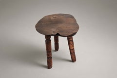 French Primitive Three-Legged Stool, Solid Wood, Turned Legs, 1950s