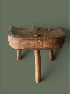 Spanish Primitive Three-Legged Stool, Carved Solid Wood, 1950s