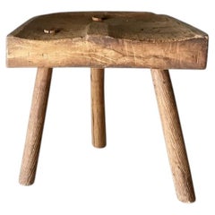 Spanish Primitive Three-Legged Stool, Carved Solid Wood, 1950s