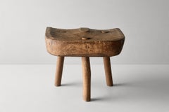 Spanish Primitive Three-Legged Stool, Carved Solid Wood, 1950s