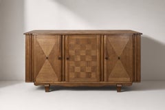 French Art Deco Sideboard, Oak with Checkerboard Marquetry, 1940s. This three-d