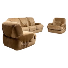 Beka Living Room Set, Sofa and Two Armchairs, Velvet, Italy, 1970s