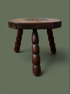 French Provincial Tripod Stool, Carved Oak, Bobbin Legs, 1950s
