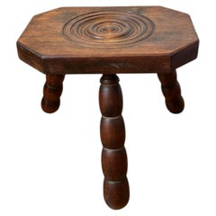 French Provincial Tripod Stool, Carved Oak, Bobbin Legs, 1950s