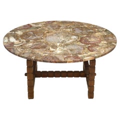Round Coffee Table, Petrified Wood Top and Carved Walnut Base, 1950s
